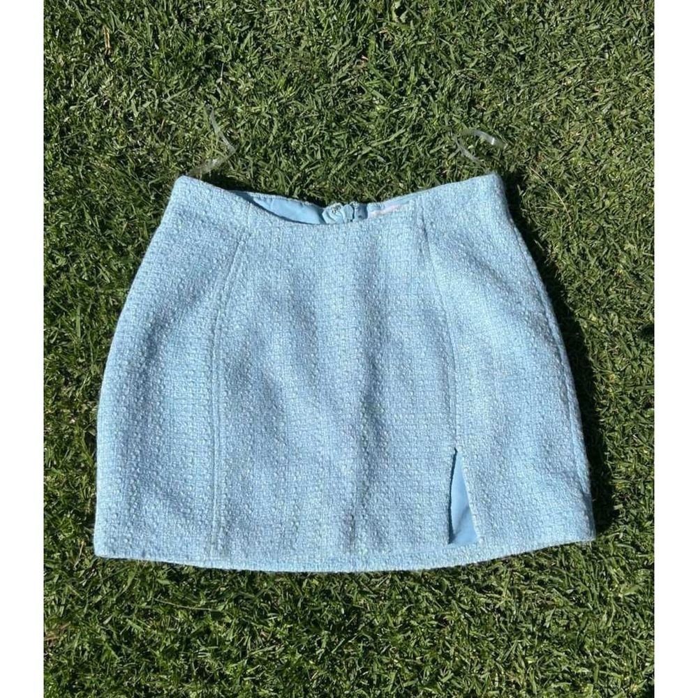 Oh Polly Womens Light Blue Boucle Tweed Mini Skirt Side Slit High Waist Size 6